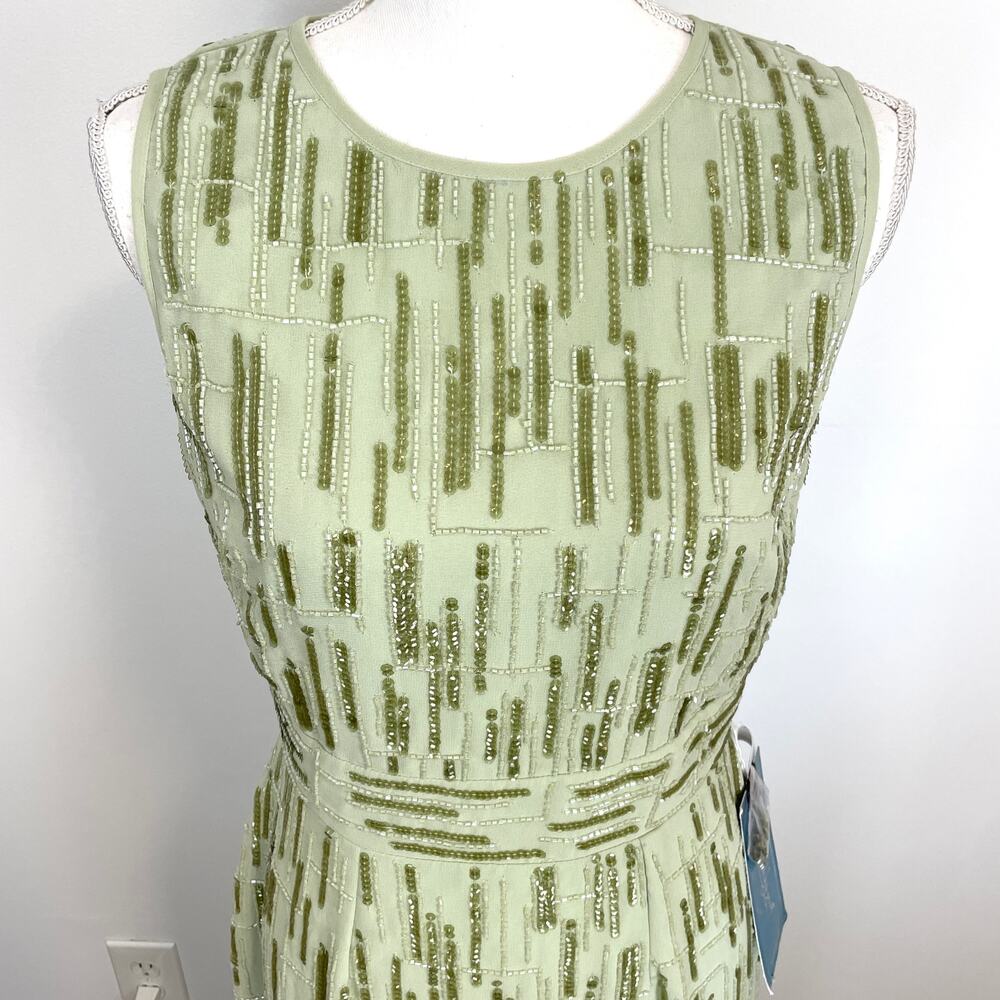 Mac Duggal Abstract Beaded Sleeveless Midi Dress In Sage Green 70264 Size 6 New - Picture 3 of 13